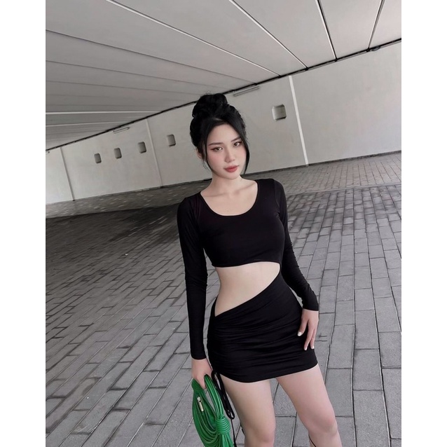 (hình thật) Đầm thun body tay dài cutout eo sexy sang chảnh yn