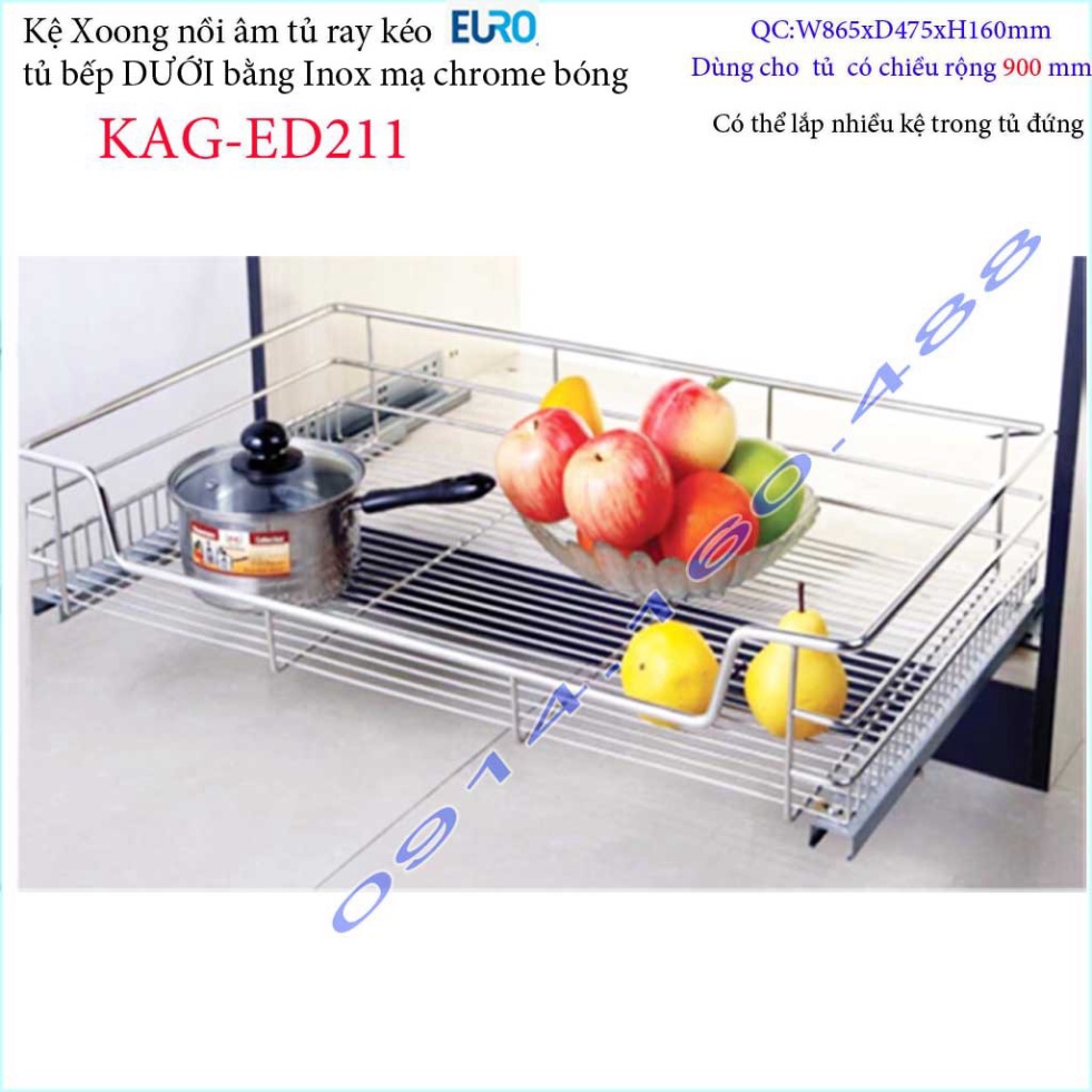Kệ xoong nồi Euro KAG-ED211-90cm, giá xoong nồi inox âm tủ 90cm có ray giảm chấn êm ái siêu bền sản 