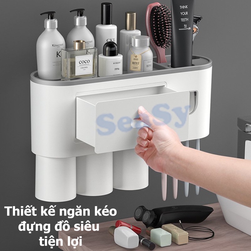 Bộ nhả kem đánh răng tự động SeaSy OENON SS05 kèm giá treo bàn chải - kệ để đồ phòng tắm dán tường cao cấp