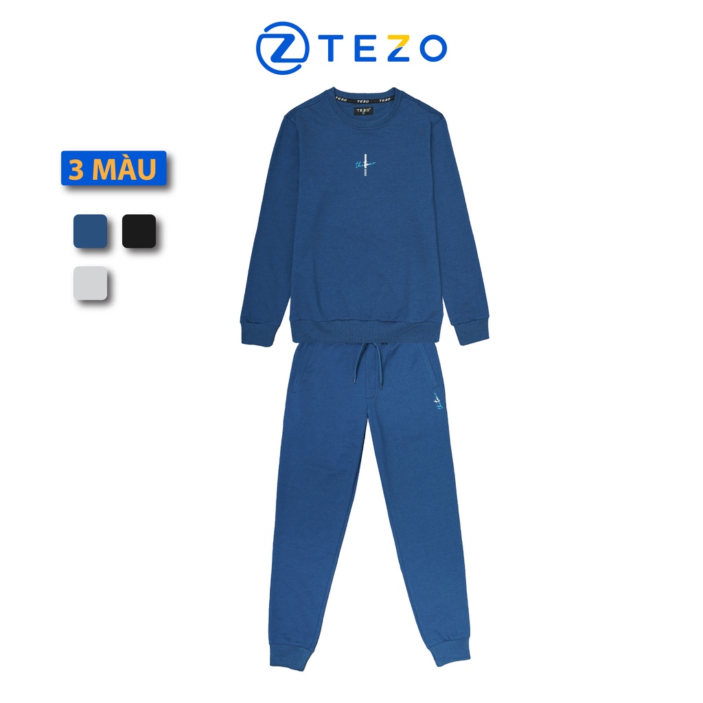 Bộ nỉ nam Tezo áo nỉ quần nỉ thiết kế cổ tròn in hoạ tiết ngực THE TEZO 22ANOB005