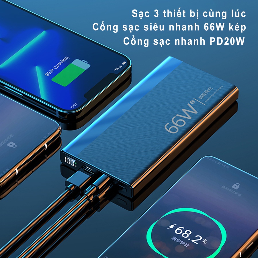 Pin sạc dự phòng siêu nhanh 66W, dung lượng lớn 20000mAh 30000mAh 50000mAh 3 đầu ra cáp Type-C, Sạc Nhanh PD20W