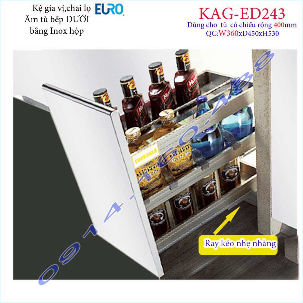 Kệ Gia vị KAG-ED243-40cm, kệ đựng gia vị Euro Inox hộp cao cấp ray giảm chấn âm tủ bếp 40cm