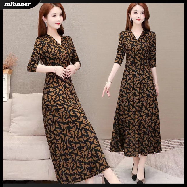 Đầm Dài Tay Cổ Chữ V Eo Cao In Hoa Thanh Lịch Dành Cho Nữ