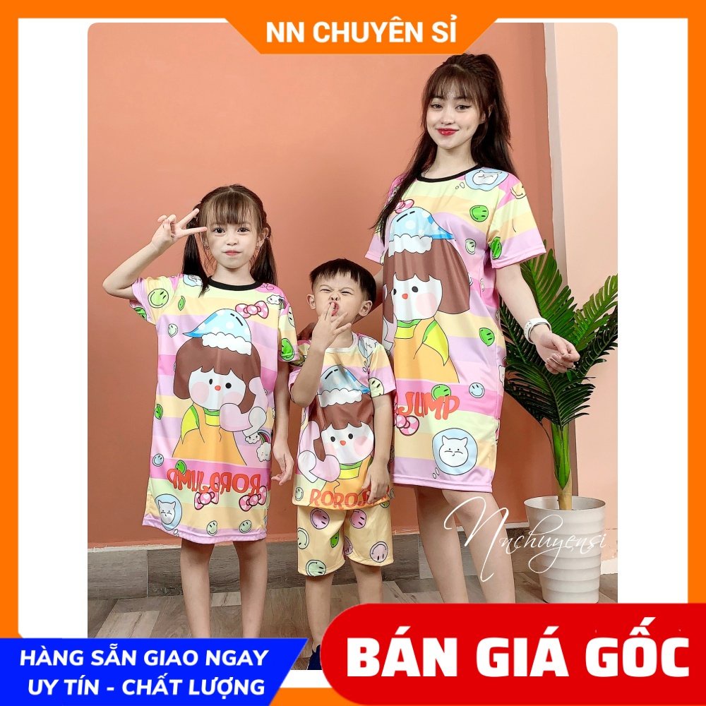 Đầm thun phom suông cho mẹ và bé mặc nhà size đến 70kg chất thun mềm mát in hoạt hình chibi dễ thương DAMRB FULL SIZE