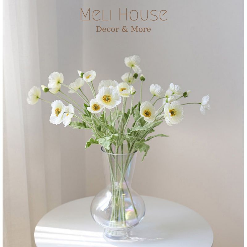 Cành 4 bông hoa anh túc hoa poppy lụa decor chụp ảnh đẹp, hoa giả decor
