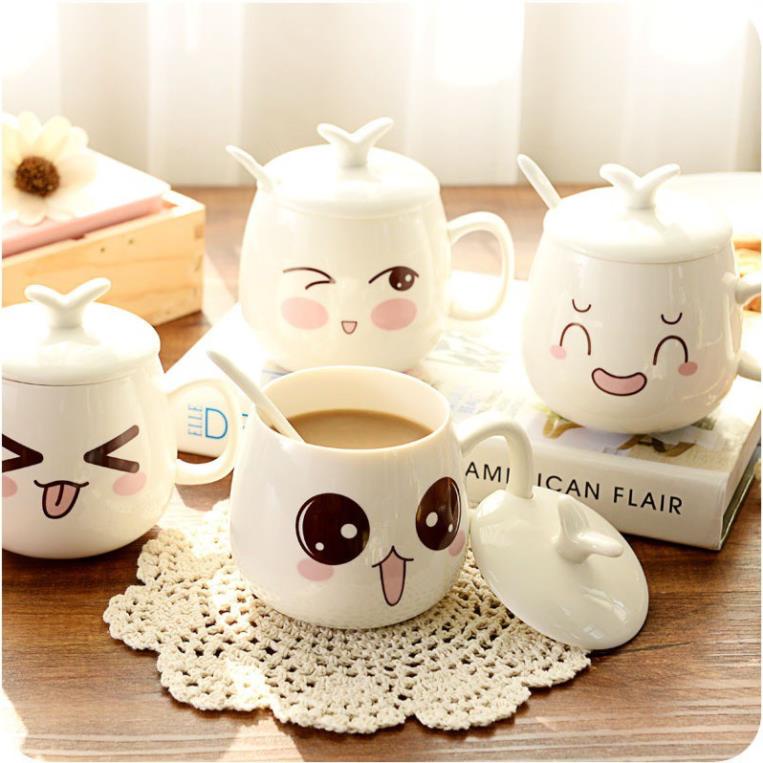Ly sứ uống trà, cafe, cốc gốm sứ cao cấp hình mặt cười EMOJI đa dạng cảm xúc KÈM THÌA VÀ NẮP, quà tặng kỷ niệm ý nghĩa