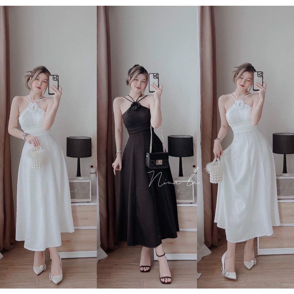 Đầm Váy Nữ Cổ Đan Dây Kết Bông Hoa Xếp Ly Eo  Thiết Kế Sang Chảnh Đi Làm Công Sở, Dạ Hội Và Du Lịch