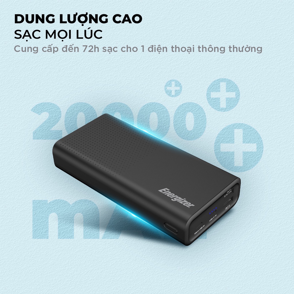 Pin dự phòng Energizer 20000mAh UE20012PQ - tích hợp sạc nhanh 2 chiều, 3 cổng sạc ra tiện lợi - Hàng chính hãng