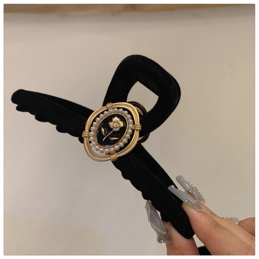 Kẹp Tóc Hình Hoa Đính Ngọc Trai Màu Đen Phong Cách Hàn Quốc Cổ Điển Thời Trang Cho Nữ