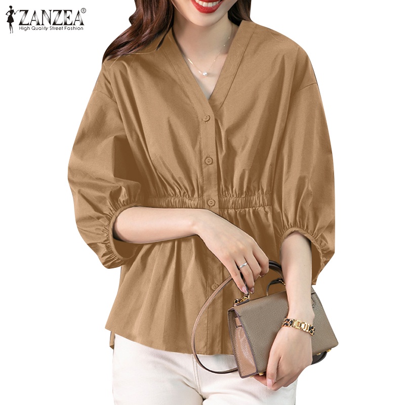 ZANZEA Áo Sơ Mi Cotton Mỏng Tay Phồng Cổ Chữ V Thời Trang Dành Cho Nữ