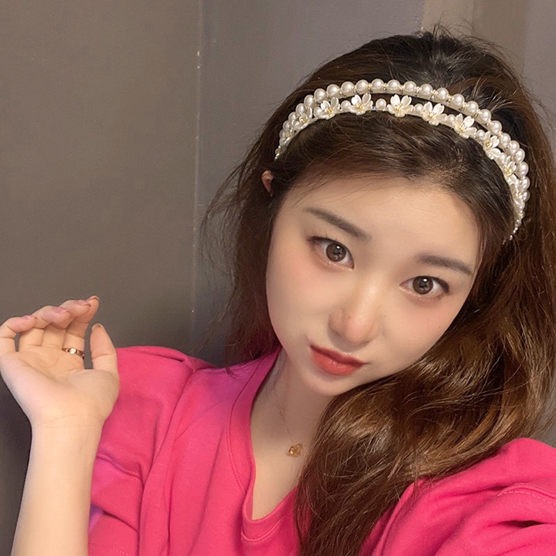 Băng Đô Hai Lớp Đính Hoa Ngọc Trai Phong Cách Hàn Quốc Ngọt Ngào Cho Nữ