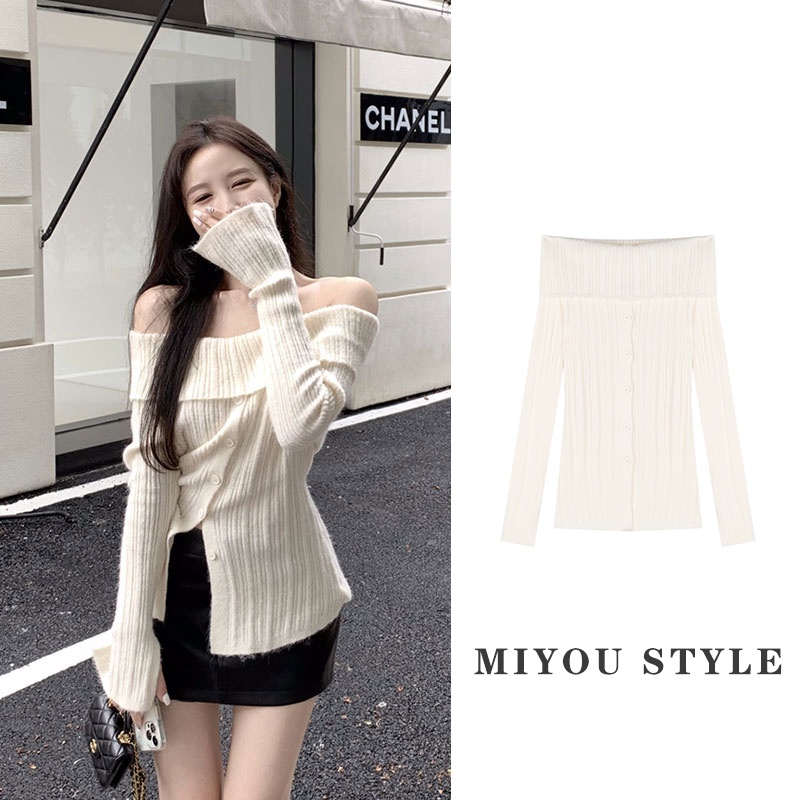 MiYou Style Áo sweater Dệt Kim Trễ Vai Phong Cách Hàn Quốc Xinh Xắn Cho Nữ