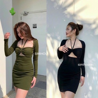 Đầm ôm body tay dài kiểu hở vai cổ yếm có mút ngực