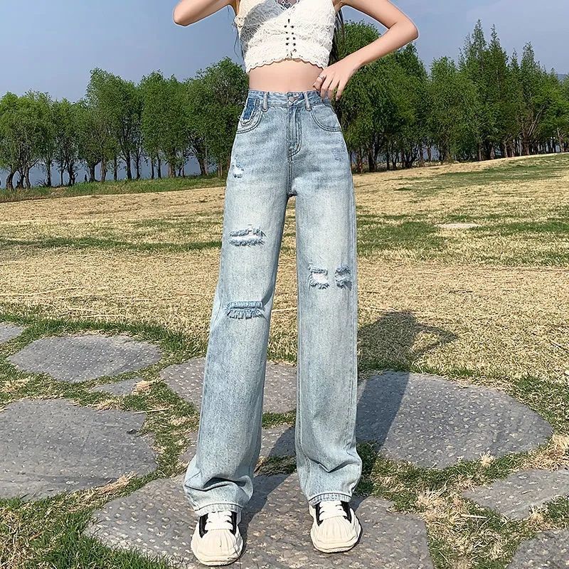 Jiashucheng Quần Jean Dài Lưng Cao Ống Rộng Phối Rách Thời Trang Mùa Hè Cho Nữ