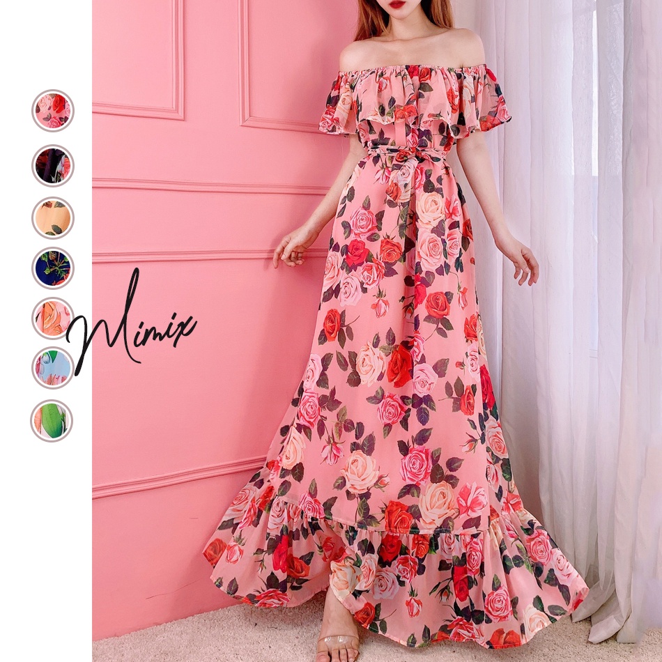 Đầm maxi hoa suông bèo cổ kèm dây thắt eo MIMIX BX8240