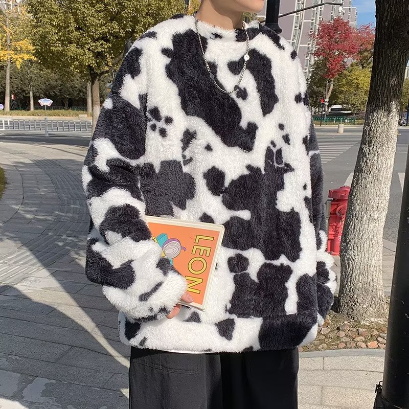 Áo Sweater Lông Cừu Dáng Rộng Họa Tiết Bò Sữa Phong Cách Hàn Quốc Thời Trang Thu Đông Cho Nam