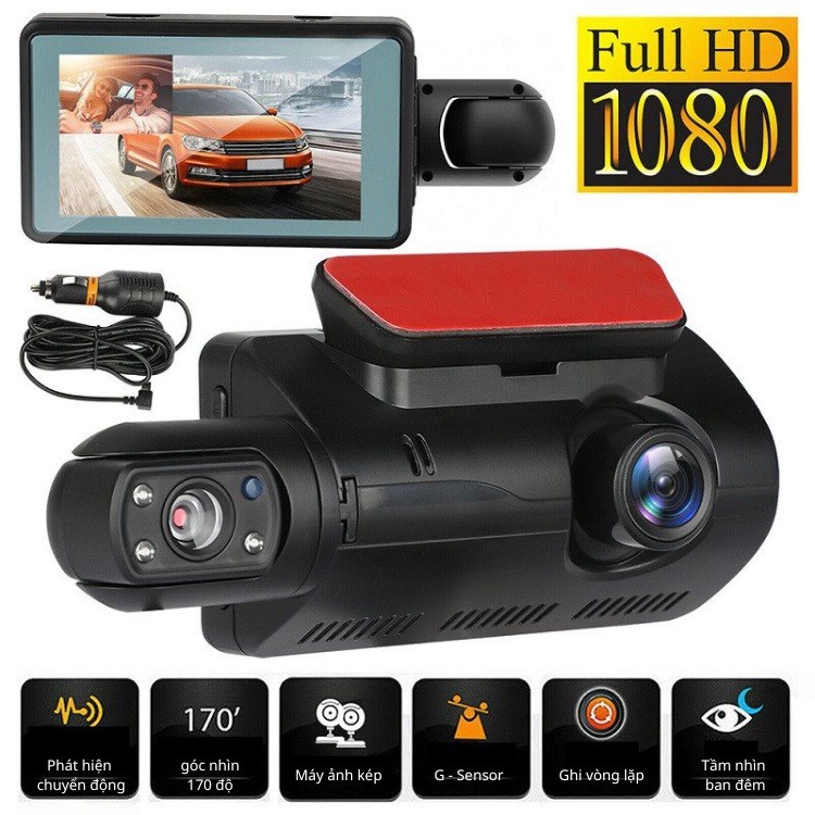 Camera hành trình ô tô 360 độ, 2 camera ghi âm ghi hình 1080P hồng ngoại ban đêm siêu nét, màn hình 3inch