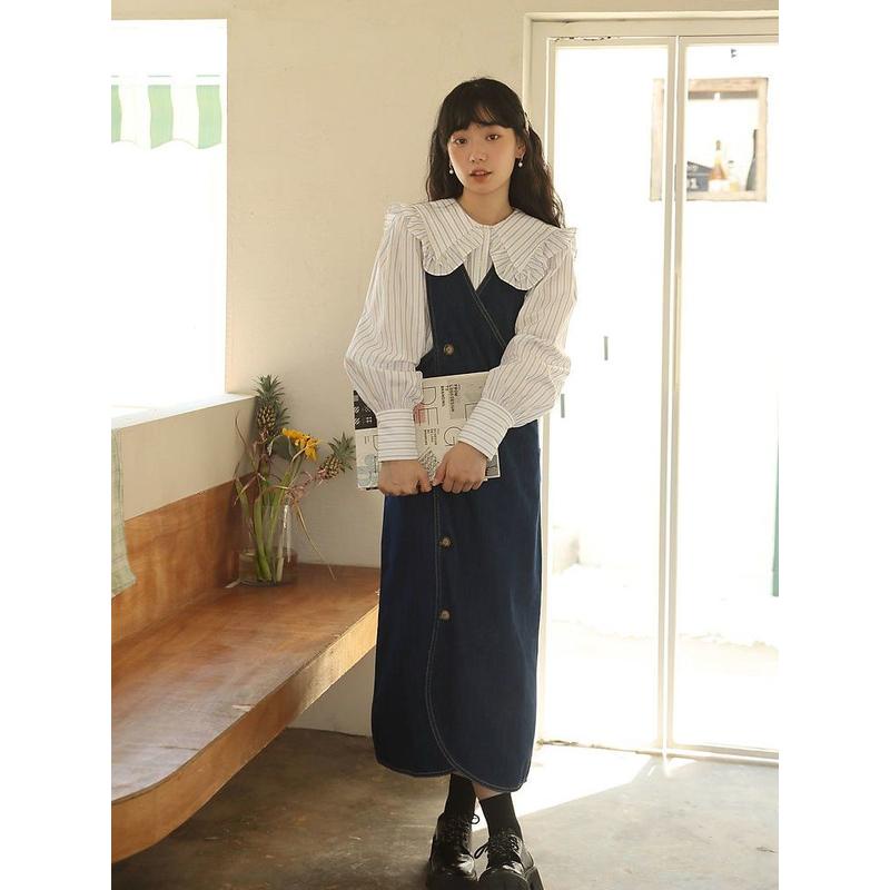Set Đồ Nữ Váy Yếm Jean Dáng Dài Qua Gối Chữ A Vintage, Áo Sơ Mi Kiểu Tiểu Thư Tay Phồng Bánh Bèo Hàn Quốc Chali SD071