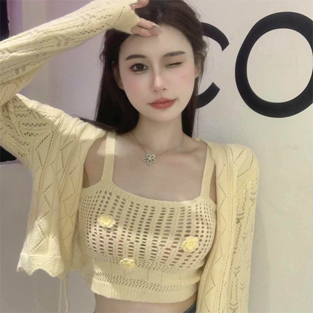 Set Áo Sơ Mi Và Áo Khoác Len Cardigan Hai Dây Thời Trang Cho Nữ