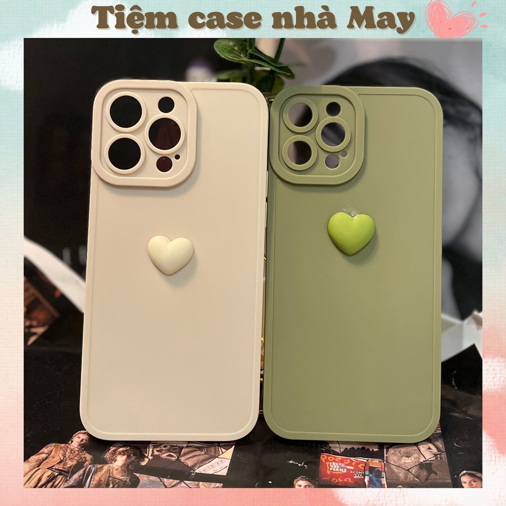 Ốp lưng iPhone nhựa dẻo mặt lưng nhám, màu kem/matcha, có họa tiết trái tim, bảo vệ camera. iPhone 12/13/14, Pro Max