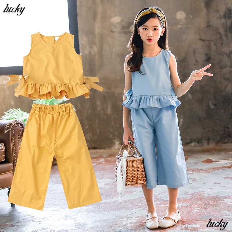 Bộ Đồ Áo Thun Màu Trơn + Quần Rộng Màu Vàng / Xanh Dương / Hồng Dành Cho Bé Gái Tuổi Teen