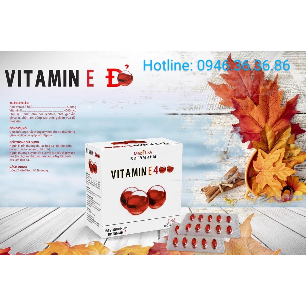 VITAMINE ĐỎ (CHÍNH HÃNG) Hàm lượng cao E 4000mcg (giúp hỗ trợ giảm lão hóa da, làm đẹp da, đẹp tóc - Hộp 100 viên)