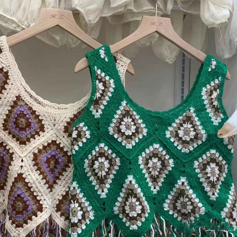 Áo Croptop Sát Nách Cổ Tròn Dáng Rộng In Họa Tiết Hình Học Nhiều Màu Sắc Phối Tua Rua Thời Trang Đi Biển Cho Nữ