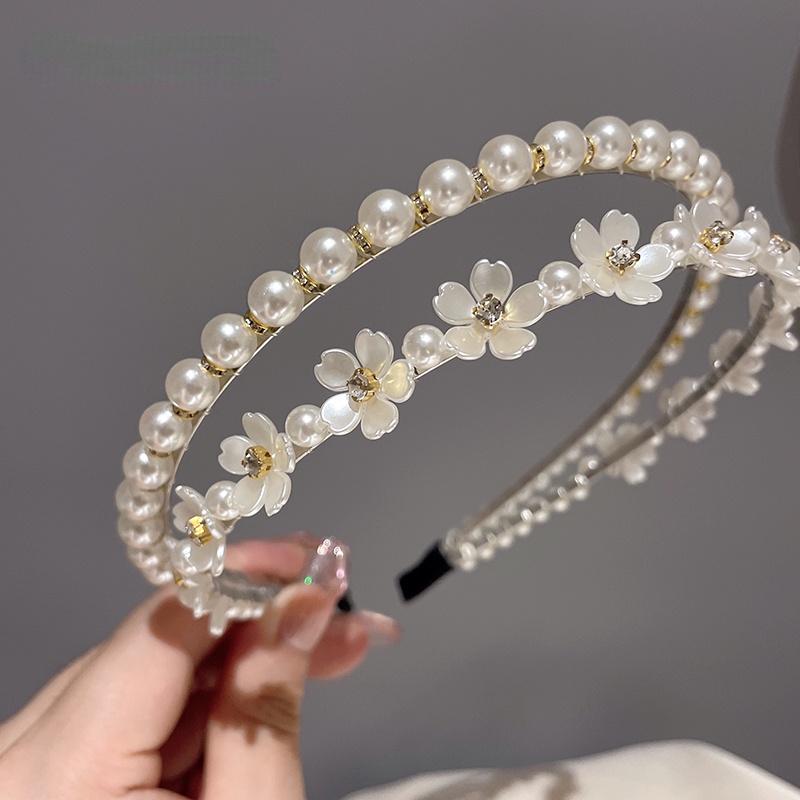 Băng Đô Hai Lớp Đính Hoa Ngọc Trai Phong Cách Hàn Quốc Ngọt Ngào Cho Nữ