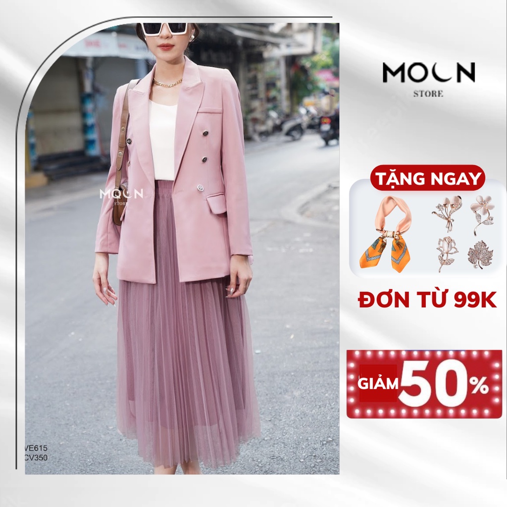 Chân váy xếp ly dài thiết kế MOON cạp chun, chân váy lưới midi dập ly công sở dáng dài basic MCV350