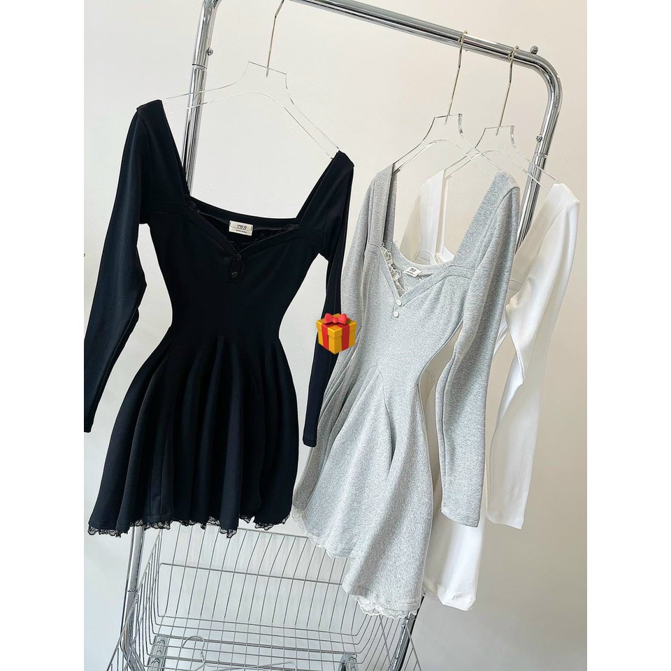 Đầm váy nữ kiểu tay dài cổ vuông dáng xoè nhẹ tiểu thư sang chảnh