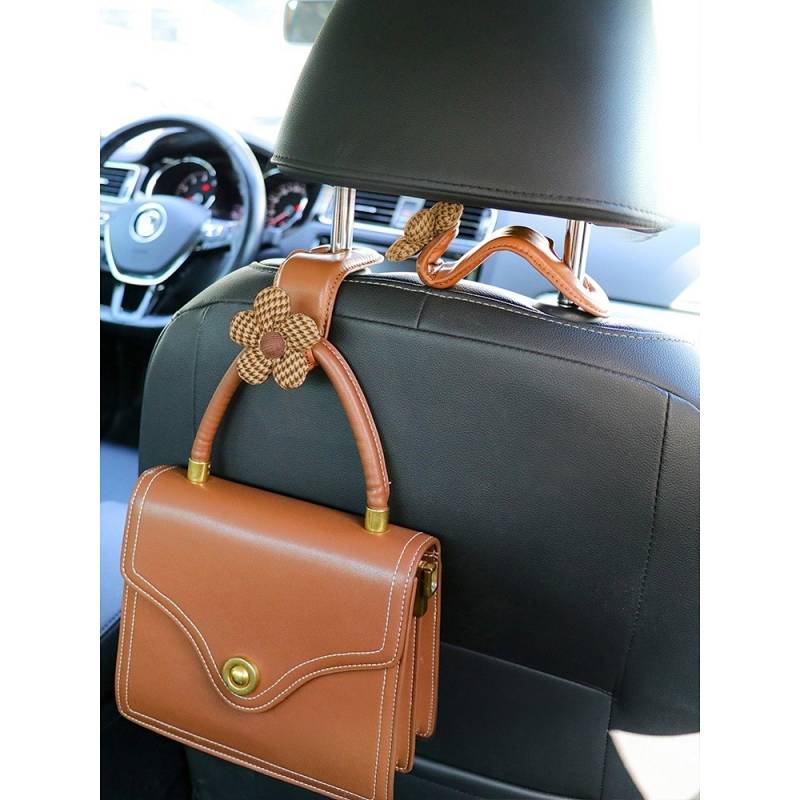 Móc da chịu lực cao cấp họa tiết ins houndstooth dễ thương vô hình gắn lưng ghế xe lưu trữ phía sau id44