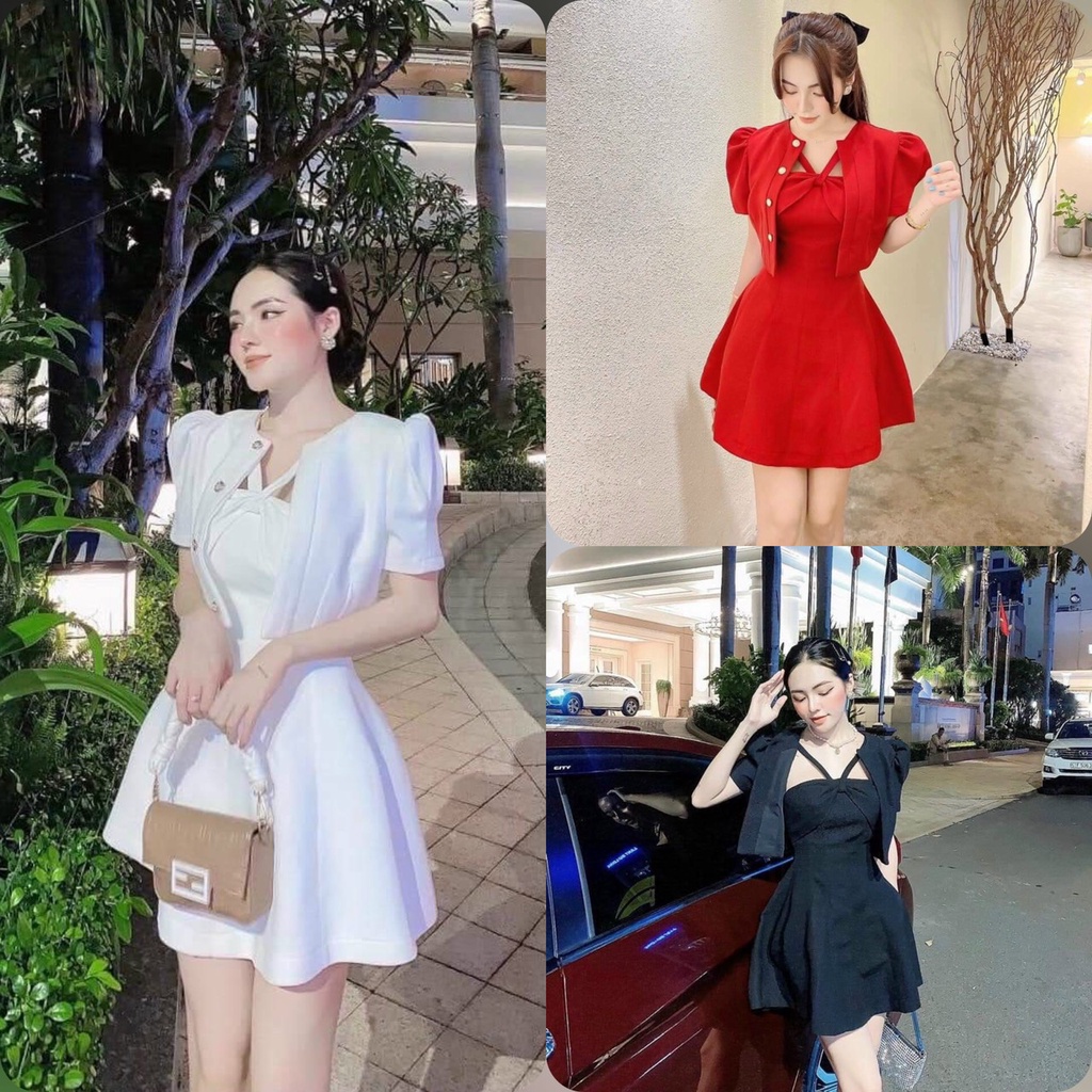 Đầm váy nữ dự tiệc họa tiết cổ đan dây quý phái dáng xòe ( có mút ngực ) kèm áo khoắc thanh lịch đi chơi dạo phố