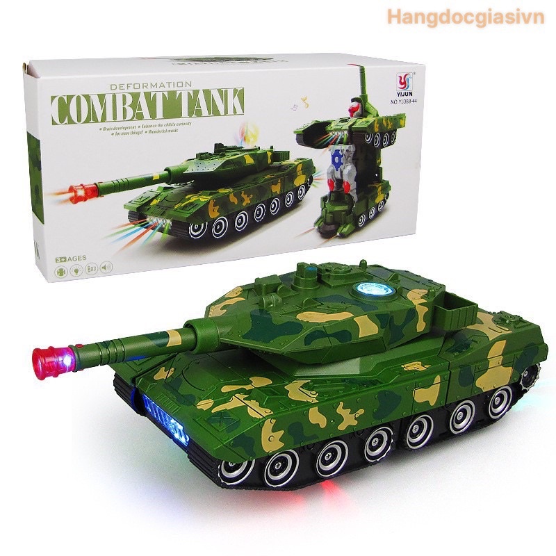 Đồ Chơi Trẻ Em Xe Tăng Biến Hình Robot Tự Động Có Đèn Và Nhạc