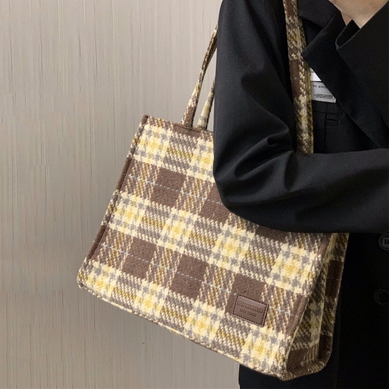 Túi Xách Đeo Vai Vải Len Sức Chứa Lớn Họa Tiết Sọc Caro Phong Cách retro Chất Lượng Cao Cho Nữ