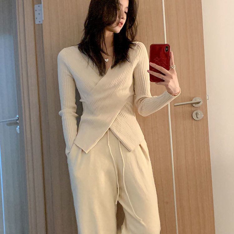 Áo Dệt Kim Cổ Chữ v Dày Dặn Thời Trang Thu Đông Phong Cách Phương Tây Cho Nữ