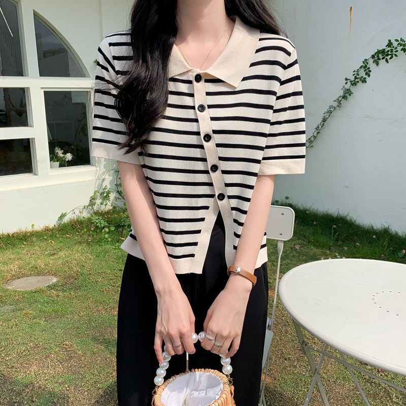 Áo Thun Polo Tay Ngắn Họa Tiết Kẻ Sọc Đen Thời Trang Mùa Hè 2022 Dành Cho Bạn Nữ