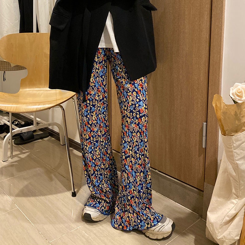 Jiashucheng Quần Dài Ống Rộng Lưng Cao Xếp Ly Vải Lụa Lạnh Chống Nắng In Họa Tiết Hoa Phong Cách Retro Thời Trang Cho Nữ