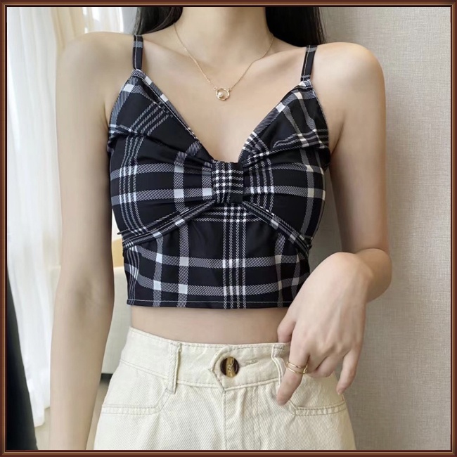 Áo Croptop Hai Dây Không Tay Thắt Nơ Họa Tiết Sọc Caro Thời Trang Mùa Hè Cho Nữ