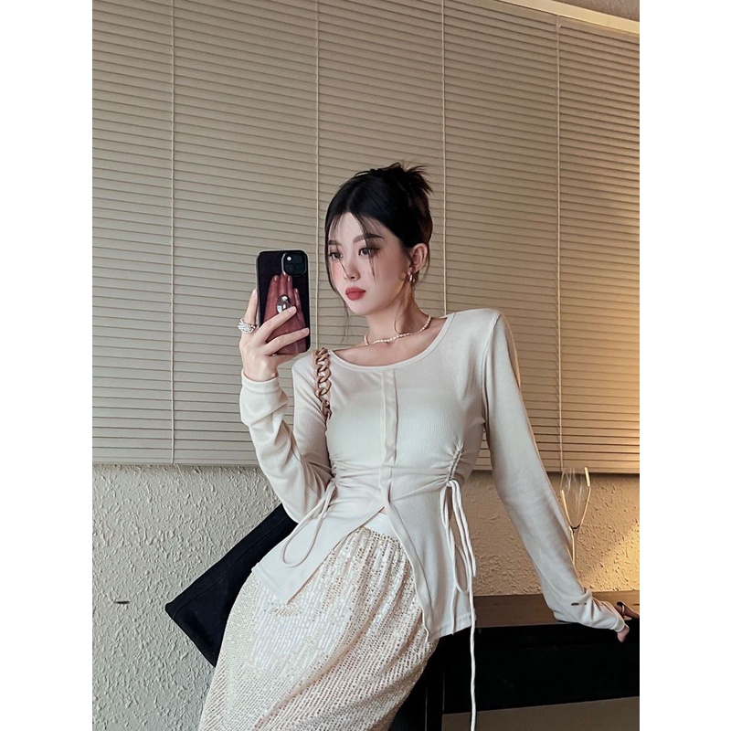 Áo Thun Dài Tay Cổ Tròn Phối Dây Rút Thời Trang Cho Nữ