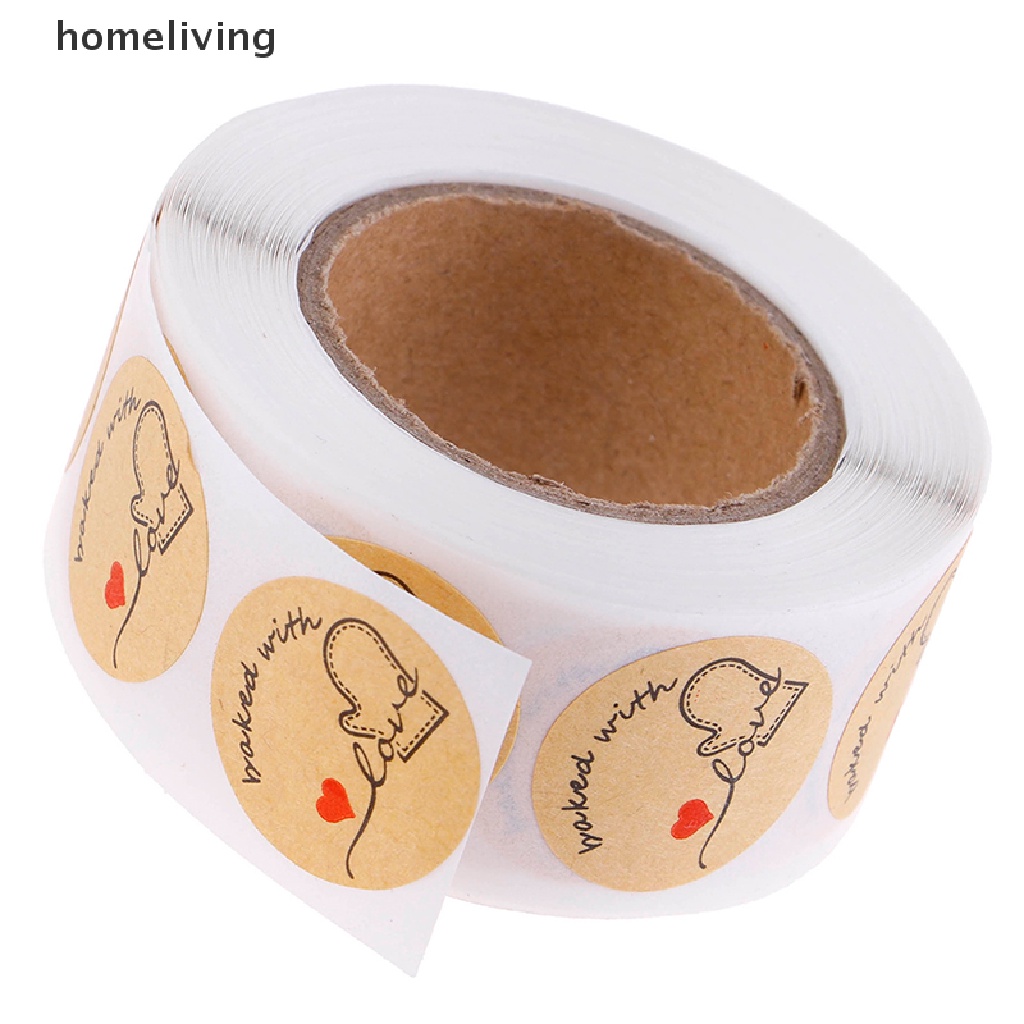 Cuộn 500 Miếng Dán Trang Trí Hình Tròn Bằng Giấy Kraft Tự Nhiên In Chữ Baked with Love