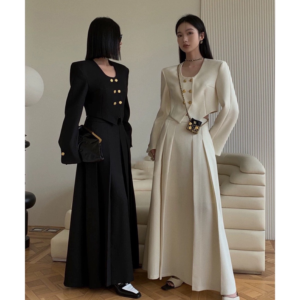 Set Váy Áo Dạ Tweed, Áo Khoác Dáng Lửng, Chân Váy Cạp Cao Dáng Xòe, Siêu Sang Siêu Hack Dáng - Aurora