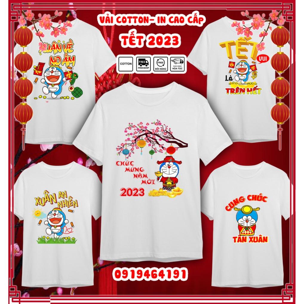 Áo thun doraemon tết quý mão 2023, áo thun tết con mèo doraemon, vải dày mịn mát, in cao cấp - Có size trẻ em