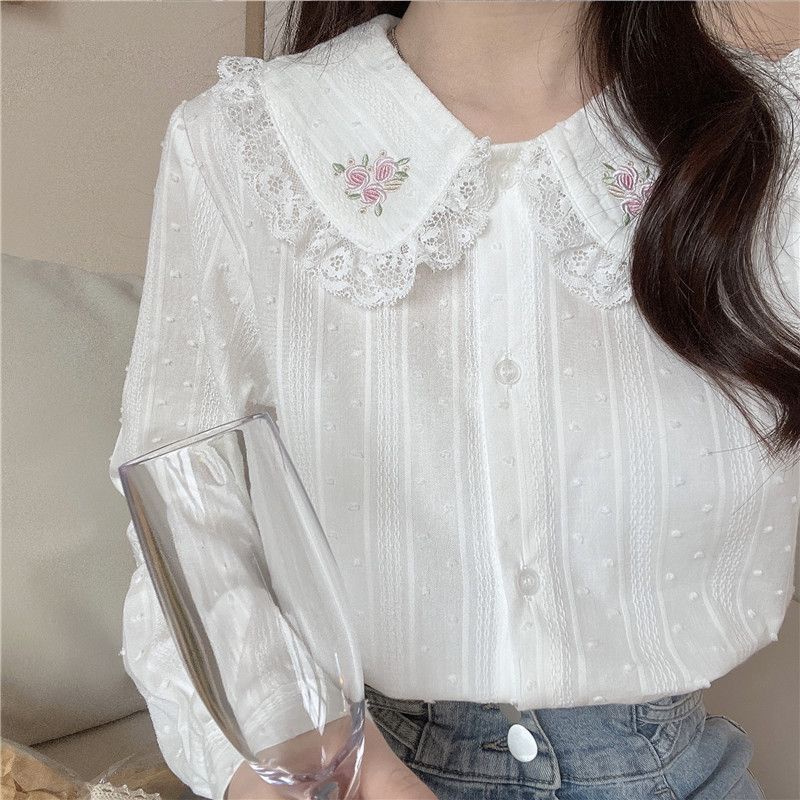 Áo Sơ Mi Trắng Tay Dài Cổ Búp Bê Thêu Họa Tiết Phong Cách Cổ Điển Thời Trang Mùa Thu Cho Nữ Size S-2Xl