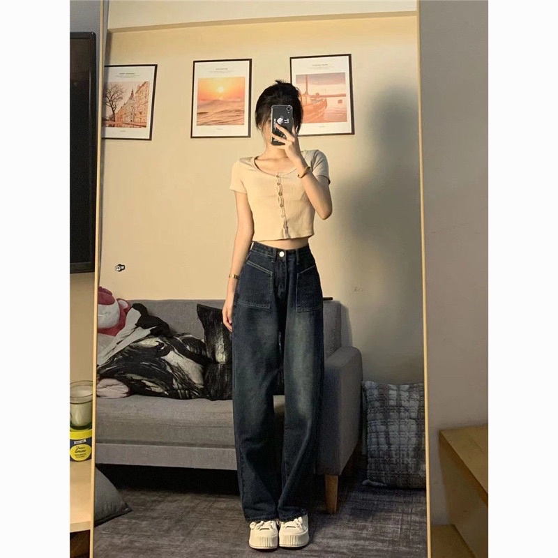 Quần Jeans Denim Xanh Tối Dáng Rộng Cạp Cao Ống Rộng 2 Túi Vuông Cá Tính Tôn Dáng Phom Unisex Phong Cách Ulzzang