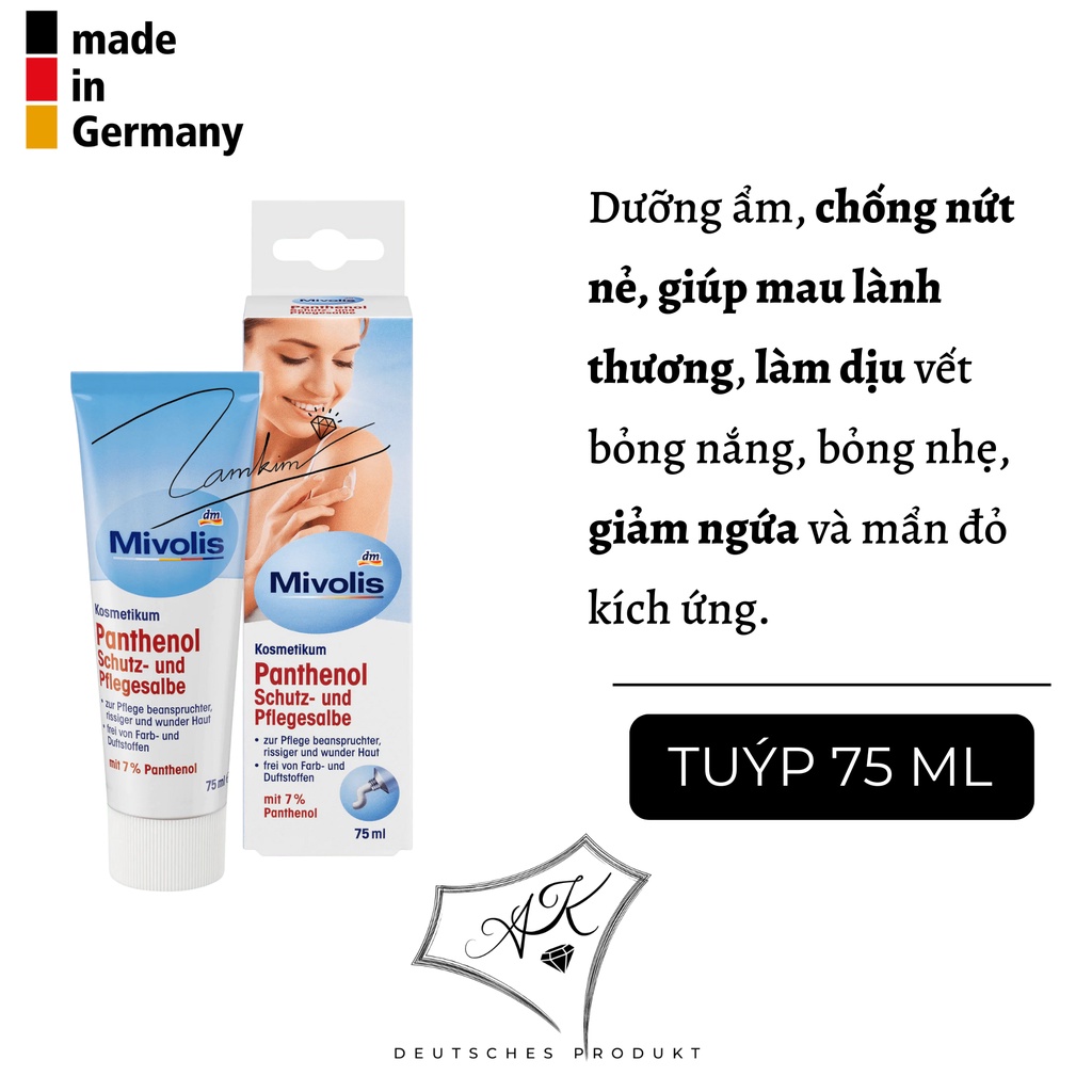 Kem bôi Mivolis Panthenol dưỡng ẩm,kem mỡ làm dịu vết bỏng nắng, bỏng nhẹ, giảm ngứa - 75ml