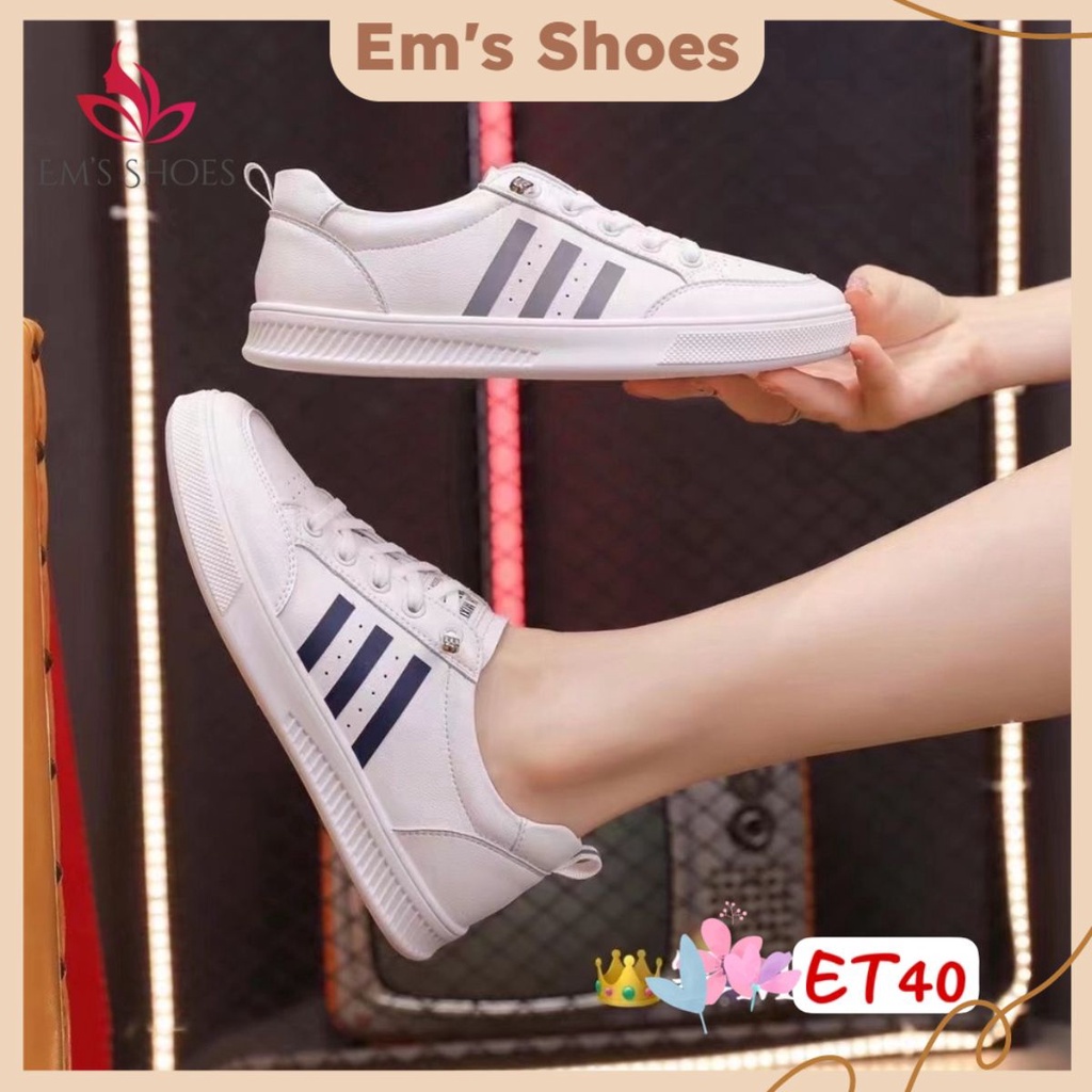Giày bata sneaker thể thao nữ cổ thấp chất da cao cấp đế cao 1cm màu trắng họa tiết sọc ET40 - Em’s Shoes