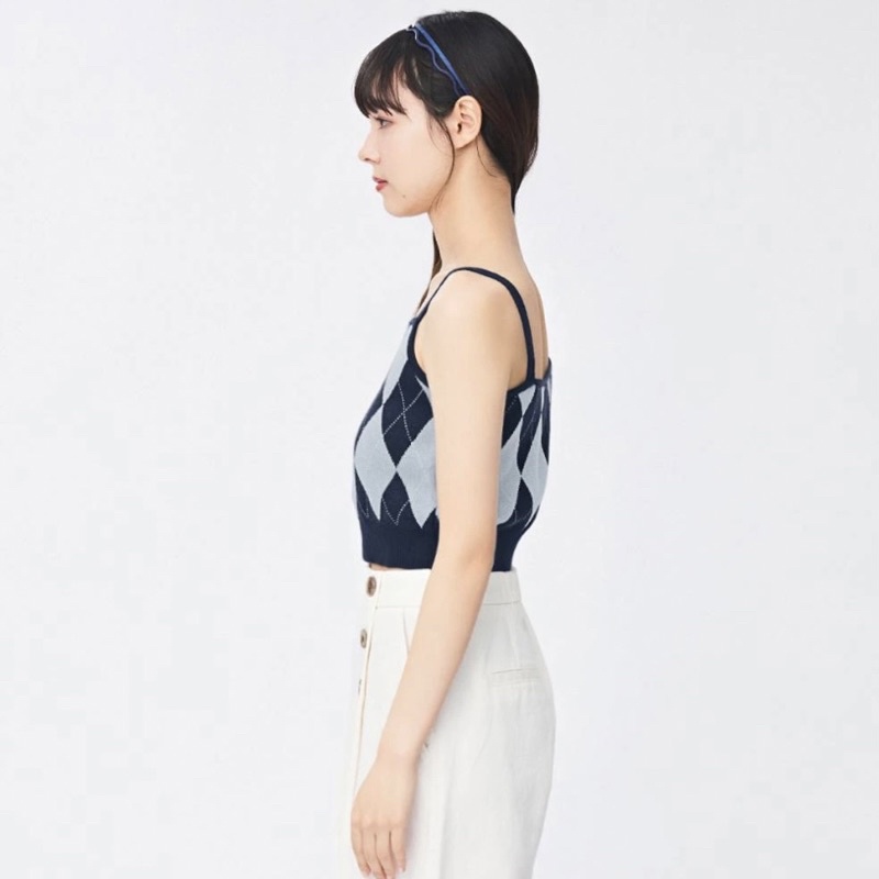 Áo 2 dây dệt kim họa tiết cổ điển oxford - GU thời trang Nhật Bản sành điệu