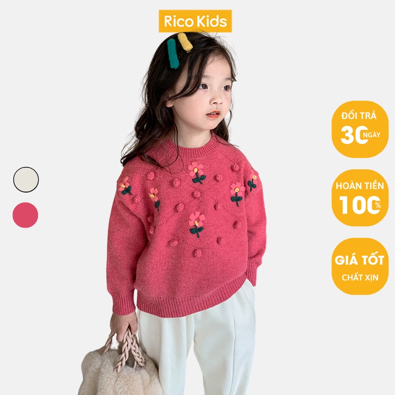 Áo len cho bé gái từ 8-30kg len đan dày dặn, không xù lông thêu hoa xinh xắn mẫu xuất Hàn mã Q020