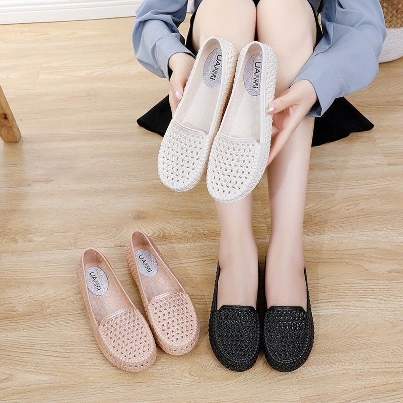 Giày búp bê nữ nhựa mền đi mưa rửa nước.Giày cao su mền trống trơn trượt
