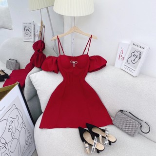 ĐẦM ĐỎ 2 DÂY XỐP ĐÍNH NƠ RỚT VAI